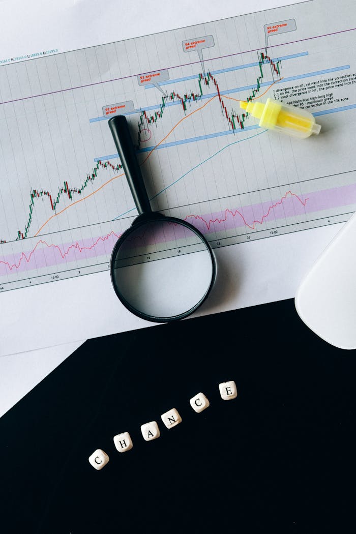 A conceptual still life of a stock chart with magnifying glass and 'chance' text.